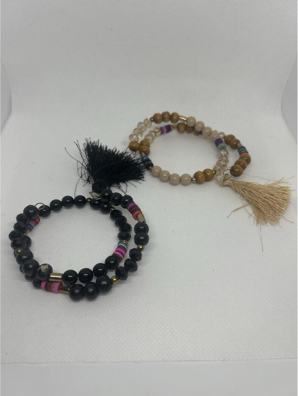 Set of Two Beaded Bracelets with Tassel Charms